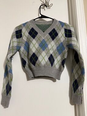 Women’s Grey Argyle V-Neck Sweater - Navy & Blue